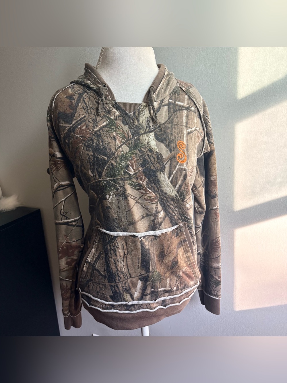 SHE Camo Hooded Pullover Sweatshirt with Orange Logo - Women’s size L